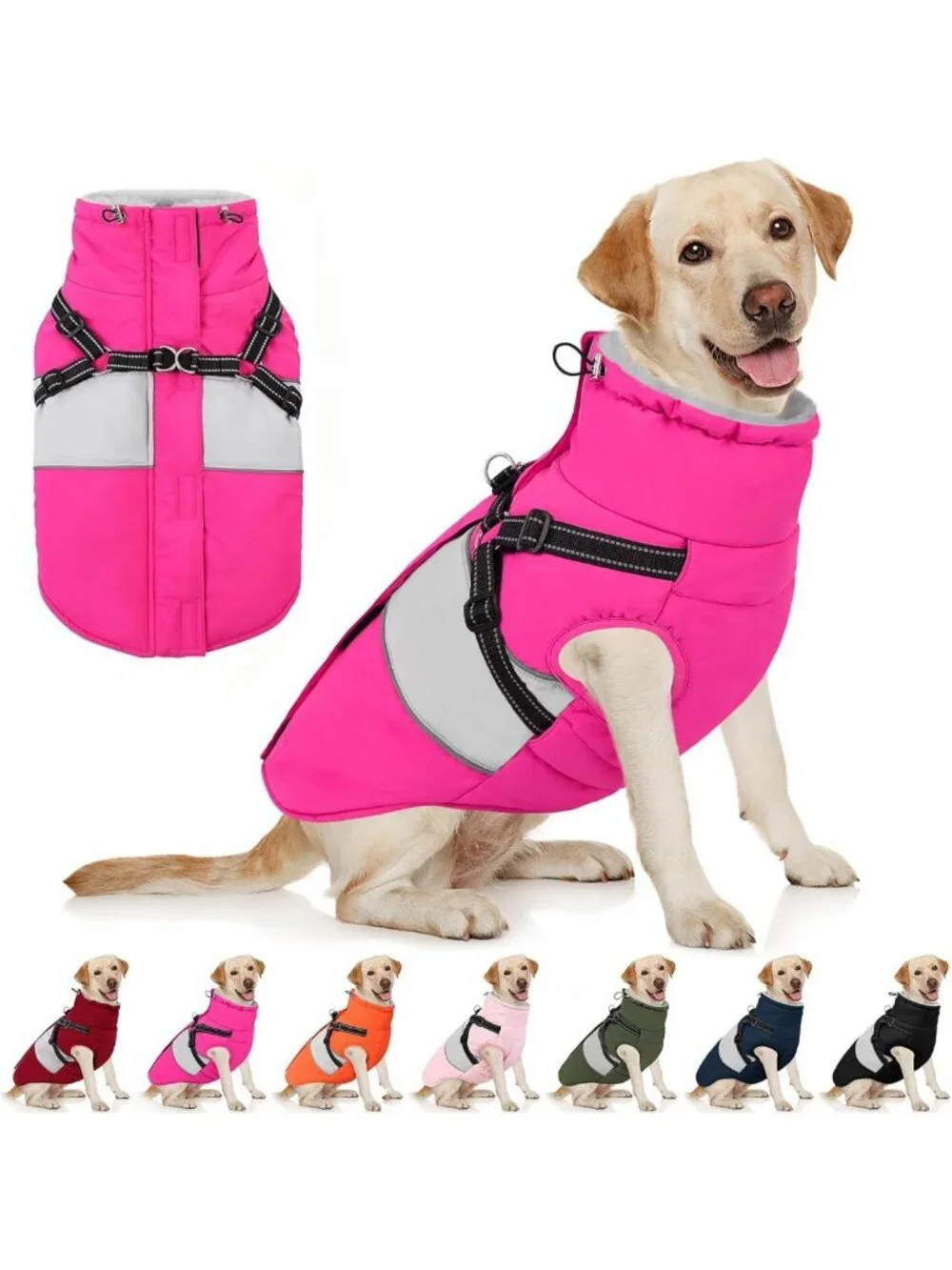 Warm Waterproof Dog Coat with Built-in Harness, Reflective Furry Collar, XXL